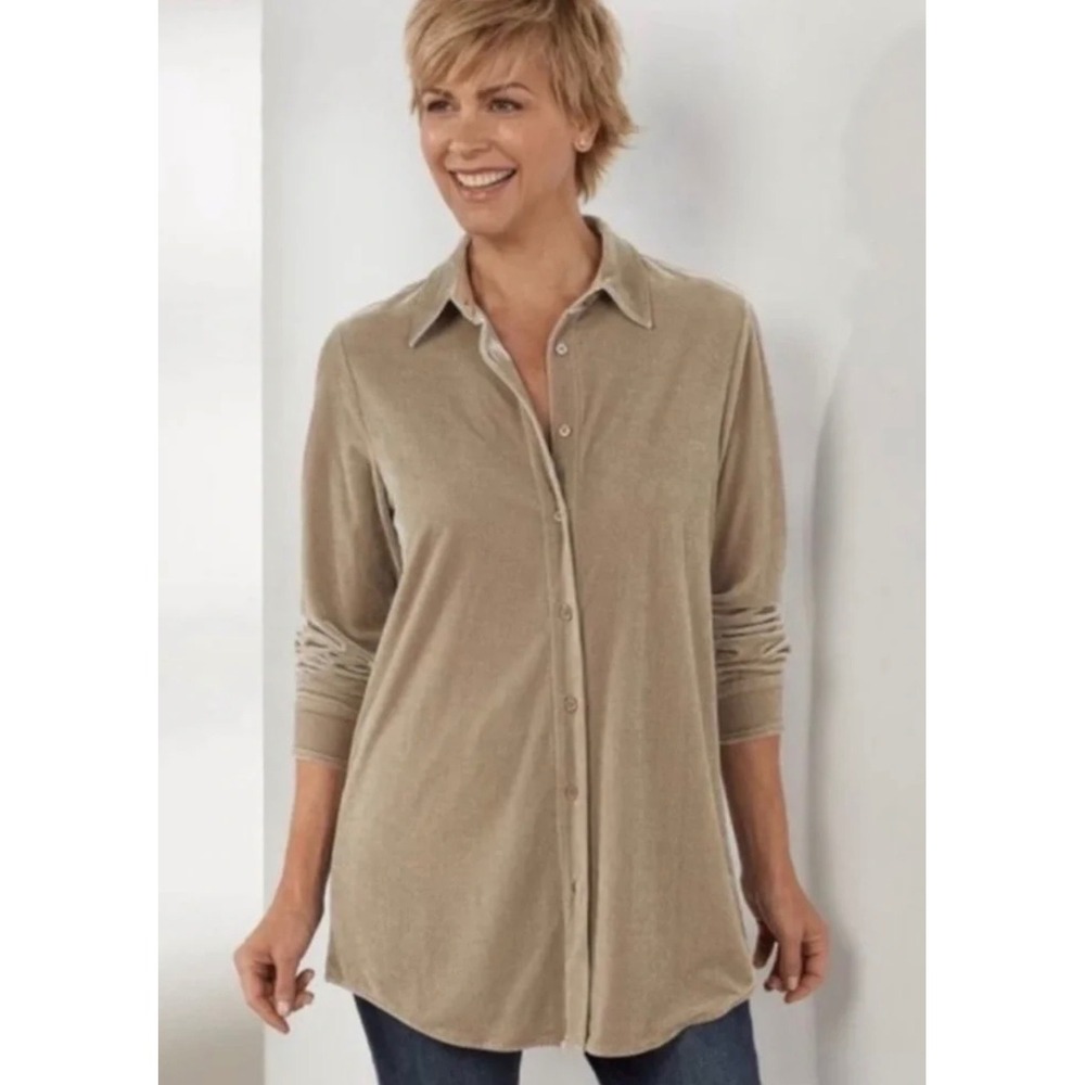 Soft Surroundings Velour Button Up Down Shirt Top XL Tan Long Sleeve Tunic